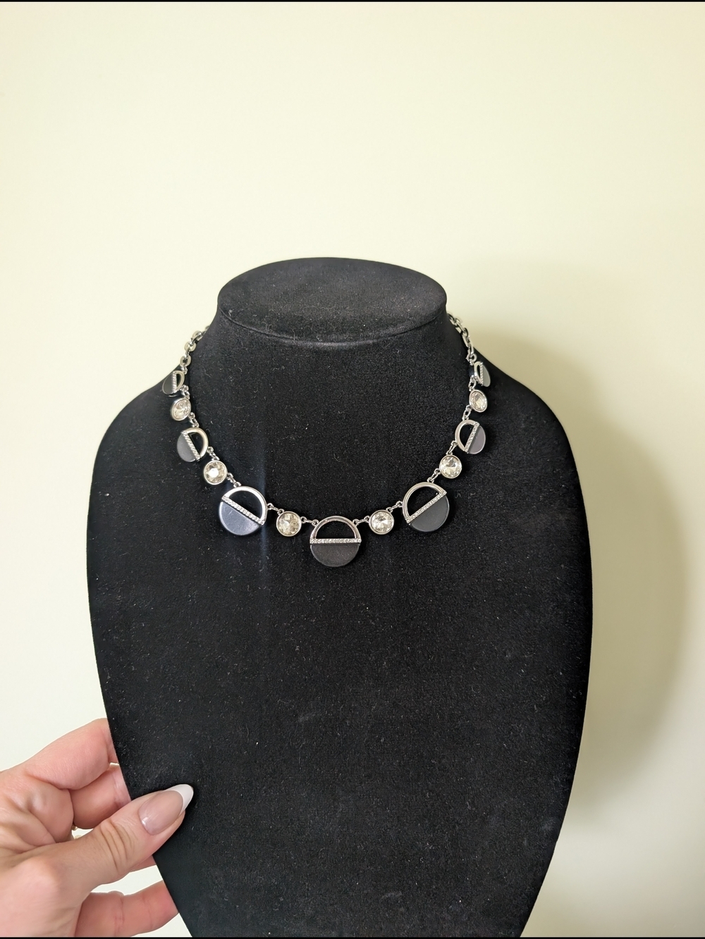 White House Black Market Nwt Silvertone Black Disc Necklace with Crystal Accents